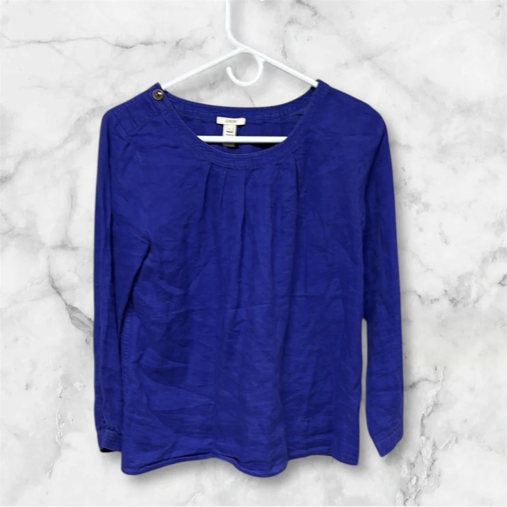 J. Crew Blue linen Pleated Blouse size small long sleeve scoop neck sz 2